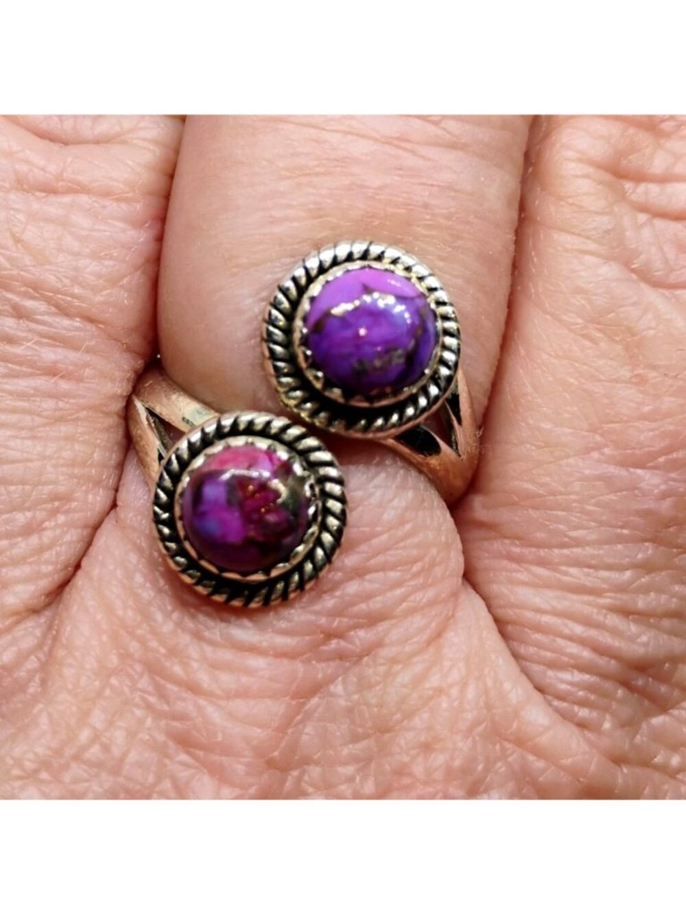 Sterling Silver Purple Mojave Copper Turquoise Bypass Ring Adjustable Size